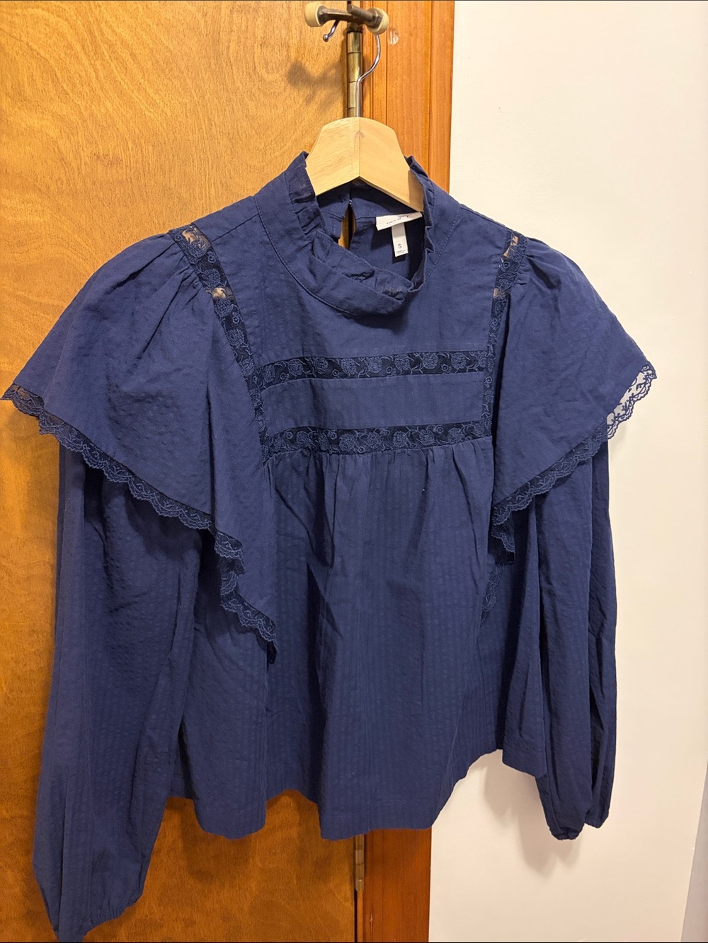 Navy Lace-Yoke High-Neck Blouse